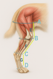 Anatomical diagram of a dog's hind leg with labeled muscles and bones on a white background.